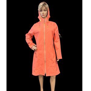 ILSE JACOBSEN HORNBAEK Coral Pink Long Hooded Rain Jacket Sz 38